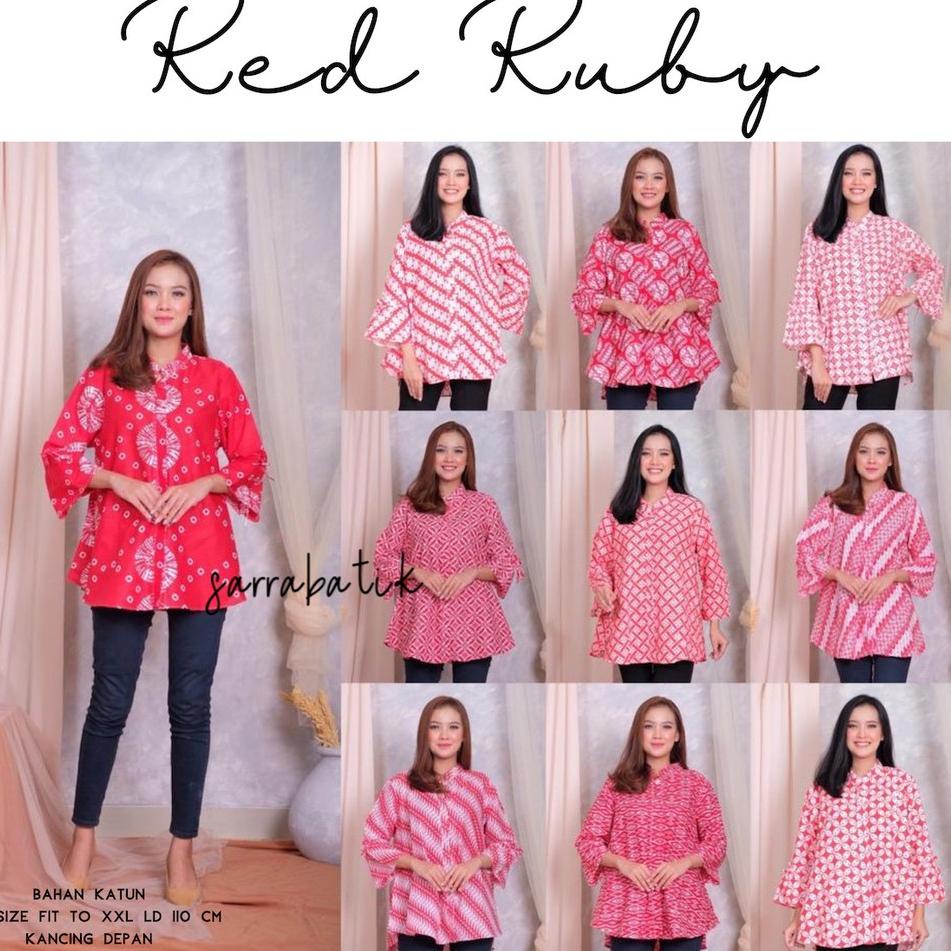 Blus Red Ruby Batik Jumbo Batik Merah Delima Seragam Batik Modern Casual Kerja Seragam Muslim [ECU.1
