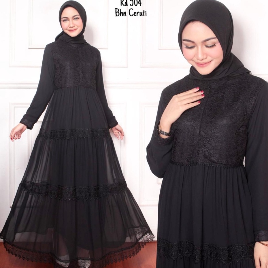 Gamis Wanita  Putih &amp; Hitam Seruti Renda Mewah