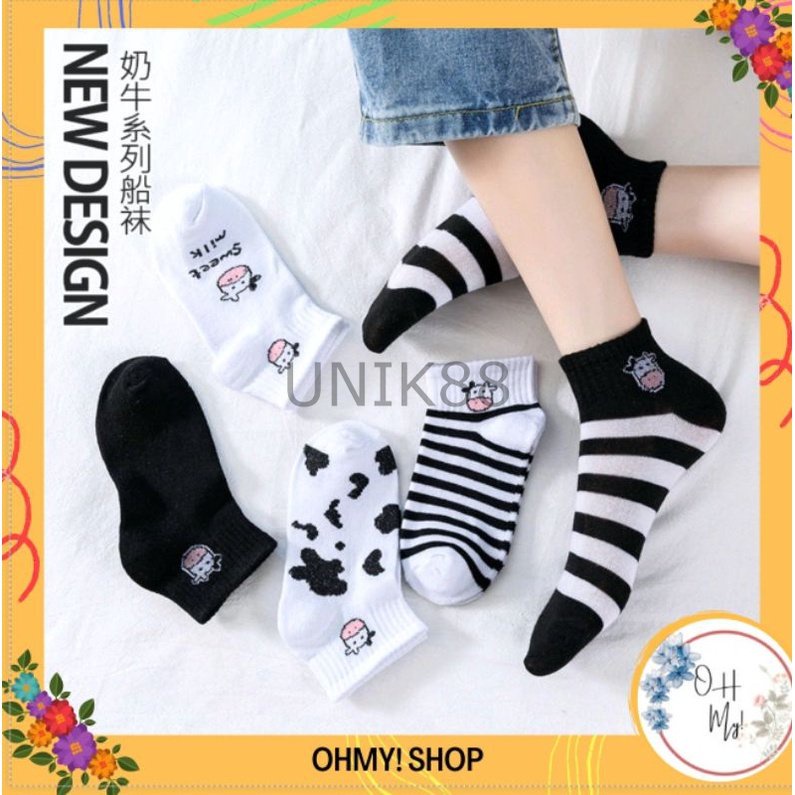 [UNIK88] Kaos Kaki Hitam Gambar Sapi Kaos Kaki Korea Lucu Motif Cow Kaos Kaki Angkle Pendek