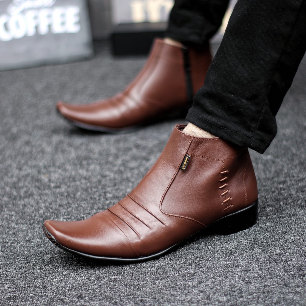 Sepatu Boots Pantofel Kulit Asli Formal Resleting Kerja Hitam Pria Abrhm Badami