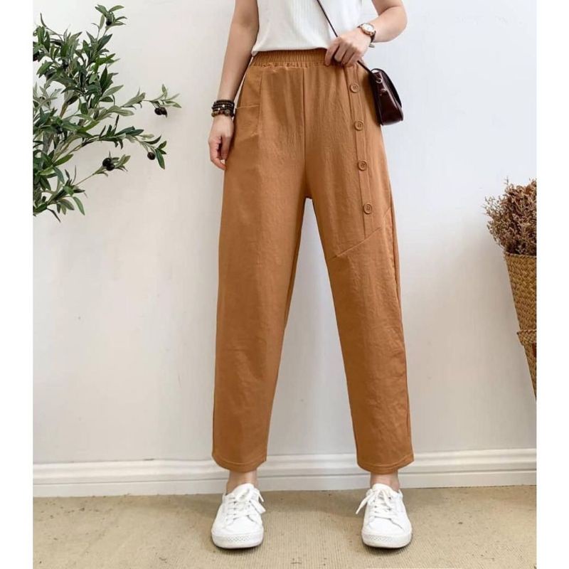 QUEEN SAKURA - Q7922C - SIDE BUTTONS COZY LOOSE PANTS IMPORT - CELANA PANJANG CASUAL KOREA WANITA IM