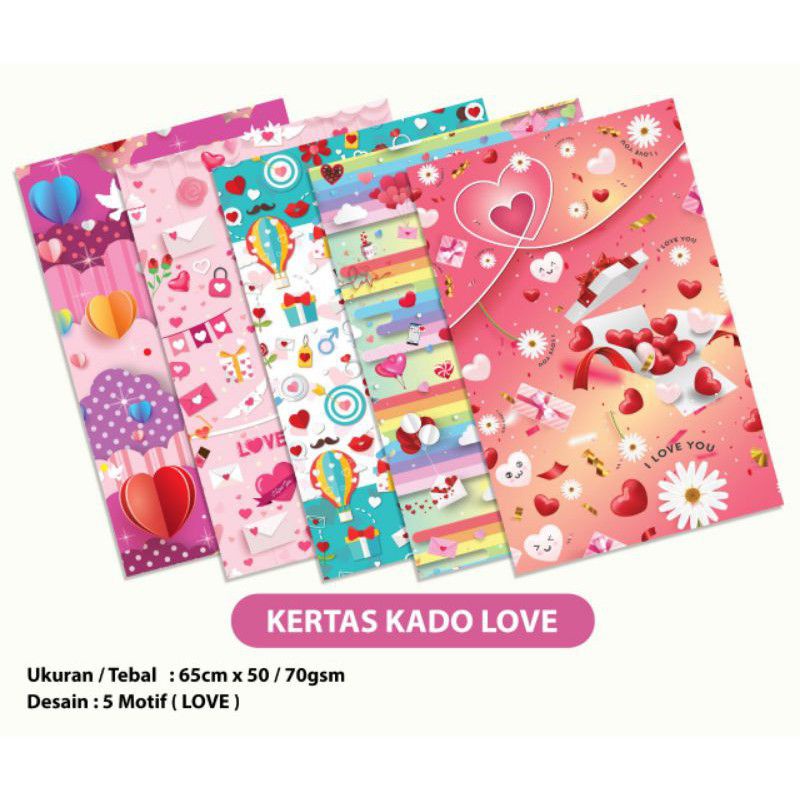 

Kertas Kado With Love Isi 50 / Bungkus Kado Ulang tahun LOVE (Mix :5Motif 1pak=50pcs)