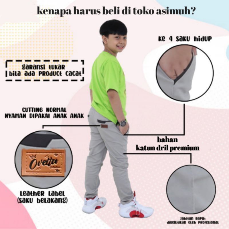 Celana panjang anak laki laki dan perempuan unisex chino slimfit celana formal warna hitam moca abu cream  tangung usia 2 3 4 5 6 7 8 9 10 11 12 tahun