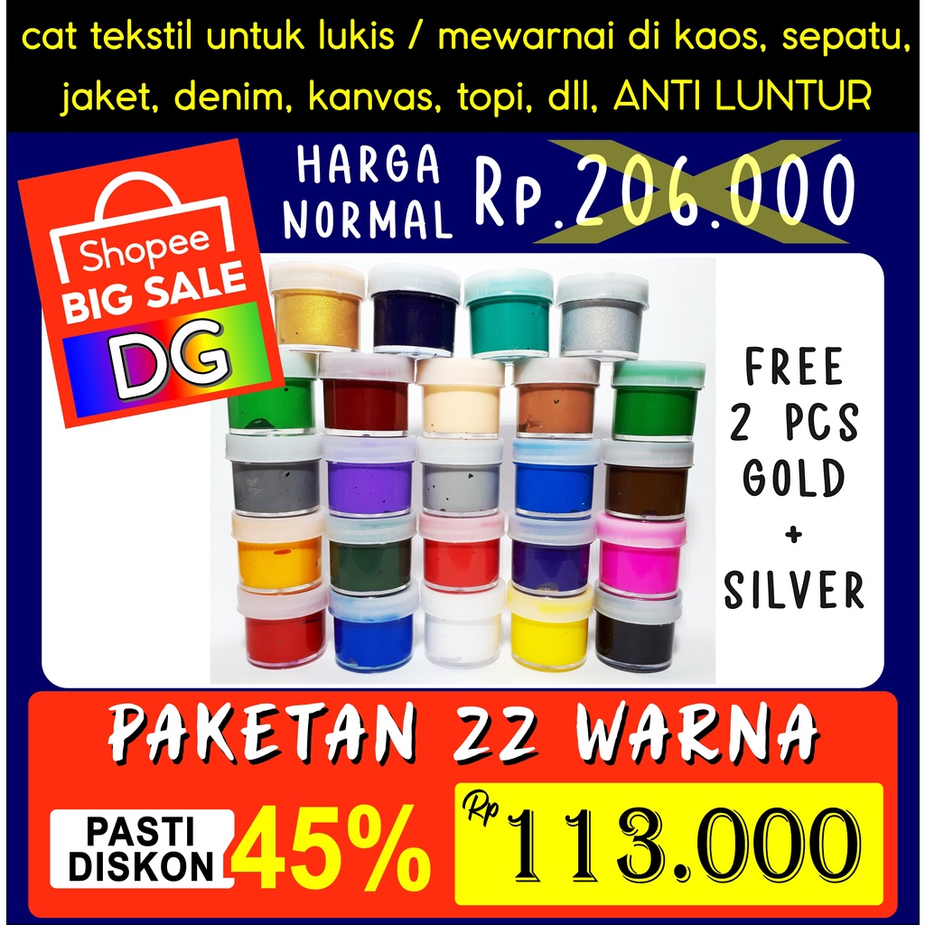 

CAT PAKET 22 WARNA + FREE 2 PCS - Cat Tekstil utk lukis mewarnai di kaos / tas / sepatu / jeans / jaket / topi / kanvas - langsung pakai ANTI LUNTUR