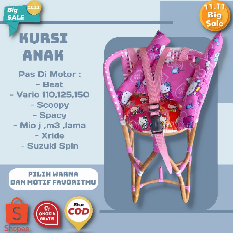 PAKET HEMAT Kursi Rotan Boncengan Anak Motor Matic Beat Vario Mio Scoopy Dilengkapi Sabuk Pengaman dan Bantal Stang