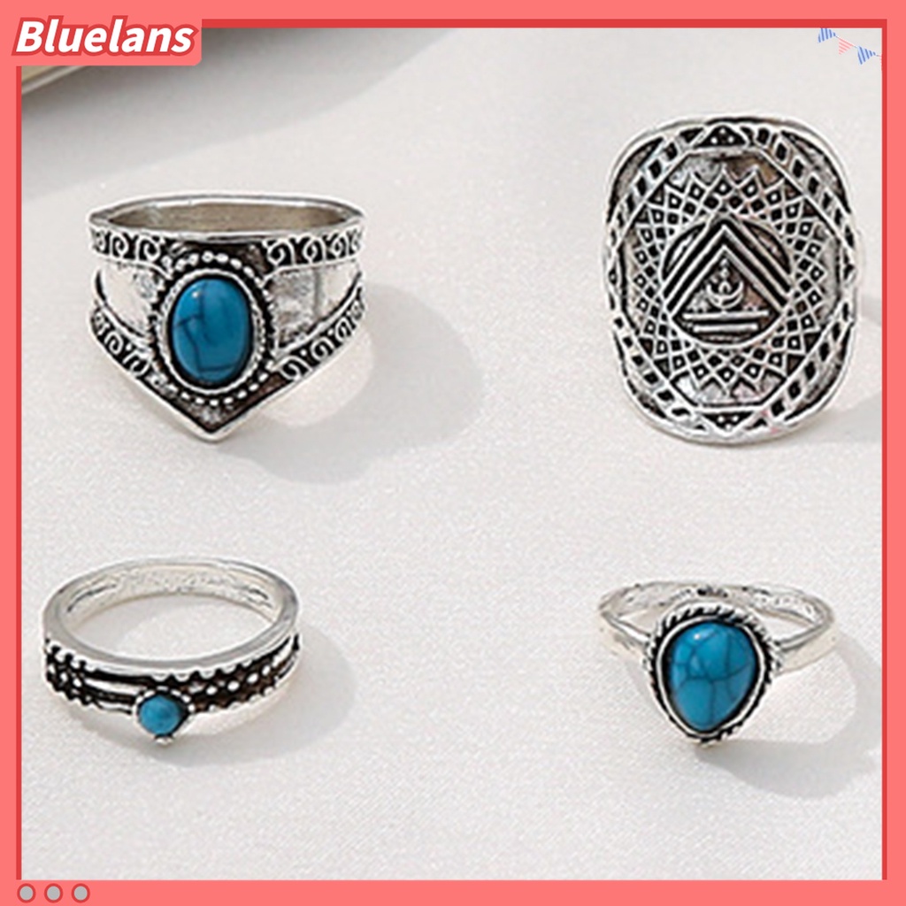 Bluelans 8Pcs Cincin Knuckle Desain Daun Hias Turquoise Imitasi Gaya Bohemian Untuk Pria / Wanita