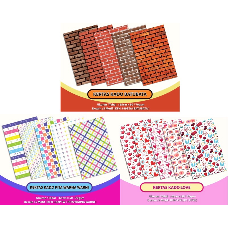 

Kertas Kado Matt / Doff Love, Pita, Batu Bata, Handmade (min 5 lbr )