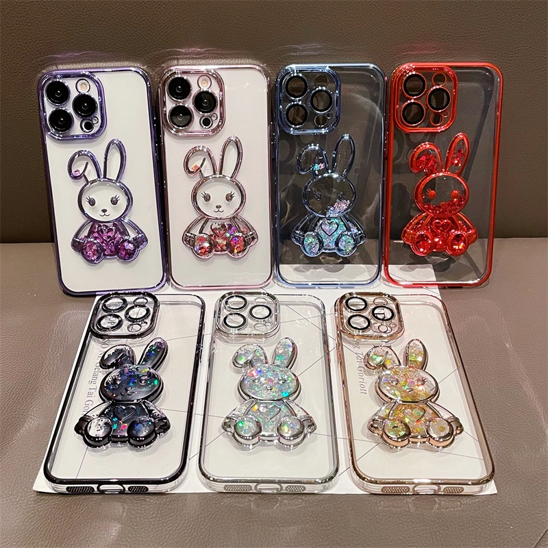 IPHONE Quicksand rabbit stand Plating Casing Ponsel Transparan Kompatibel Dengan Iphone14 13 12 11 Pro Max14 Plus Casing Pencegah Jatuh