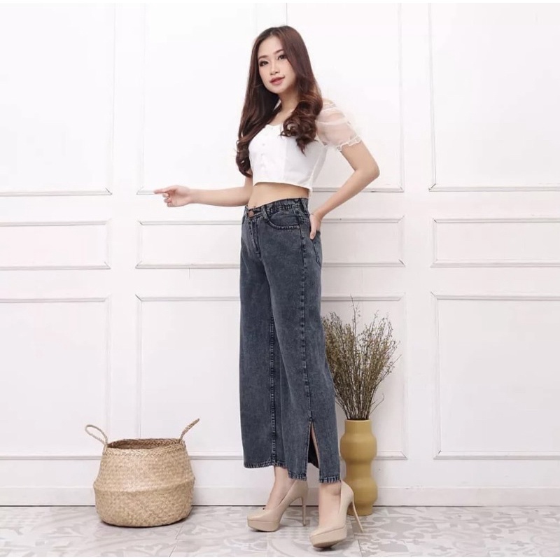 KULOT JEANS BELAH SAMPING // CELANA KULOT HW BELAH JEAN TEBAL / HIGHWAIST KULOT JEANS WANITA EONNI