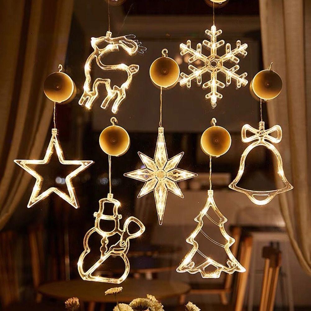 [Elegan] Led String Light Suction Cup Santa Snowflake Fairy Light Pendent Lights Decor Untuk Ornamen Jendela Rumah Xmas Christmas Decoration