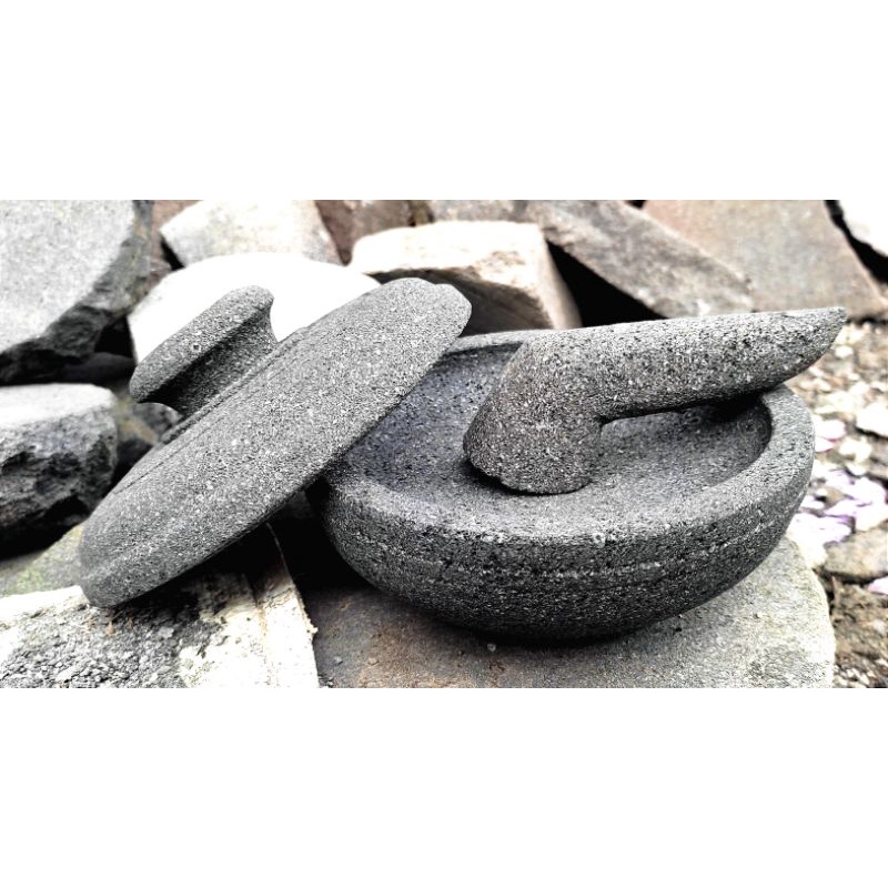 Cobek Mukun/Coet Tutup Asli Batu Ukuran 16cm Free Packing Kayu