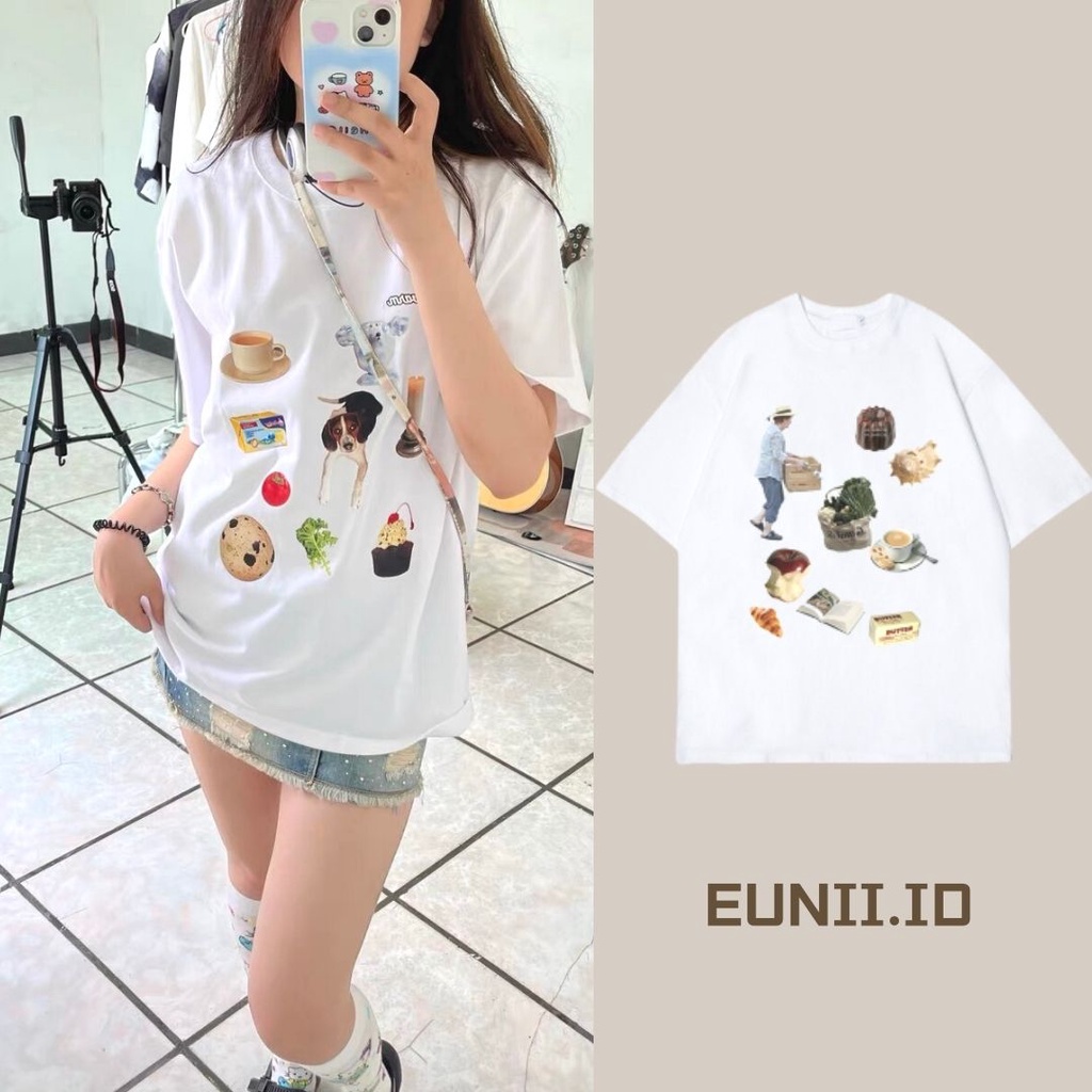 EUNII T-shirt Lengan Pendek Kartun stiker Pencetakan Longgar Korean Style/Kaos Atasan Wanita/Baju Kaus Oversize Wanita