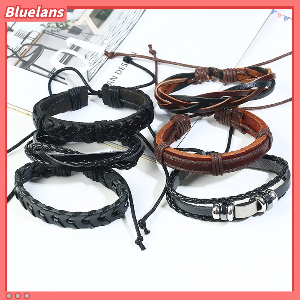 6pcs / Set Gelang Tali Kulit Kepang Multilayer Gaya Retro Untuk Pria