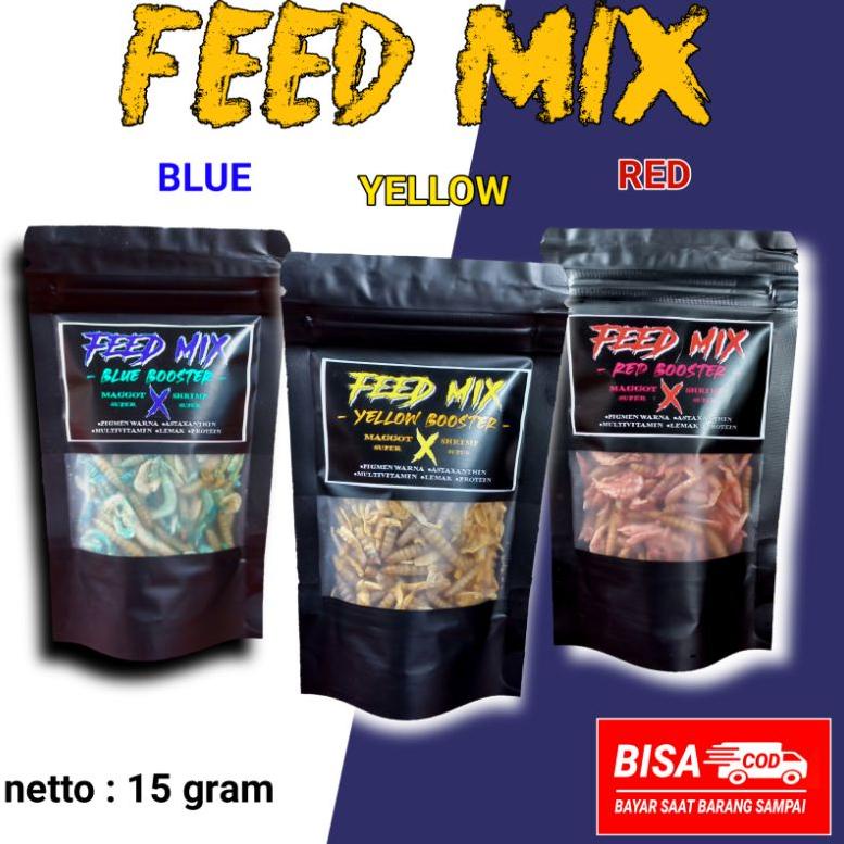 [PRODUK W7ZSL] udang X maggot kering feed mix 15 grm Red BLUE YELLOW | makan ikan predator | pakan i