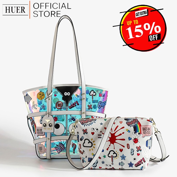 HUER ~ Tas Wanita Loreya Eye Theme Printed Hologram Tote Bag 9454-275White