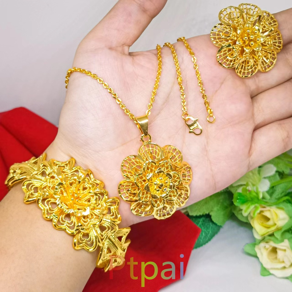 satu set gelang kendari+kalung+cincin gold 24K perhiasan hadiah bunga fashion dubai xuping terbaru