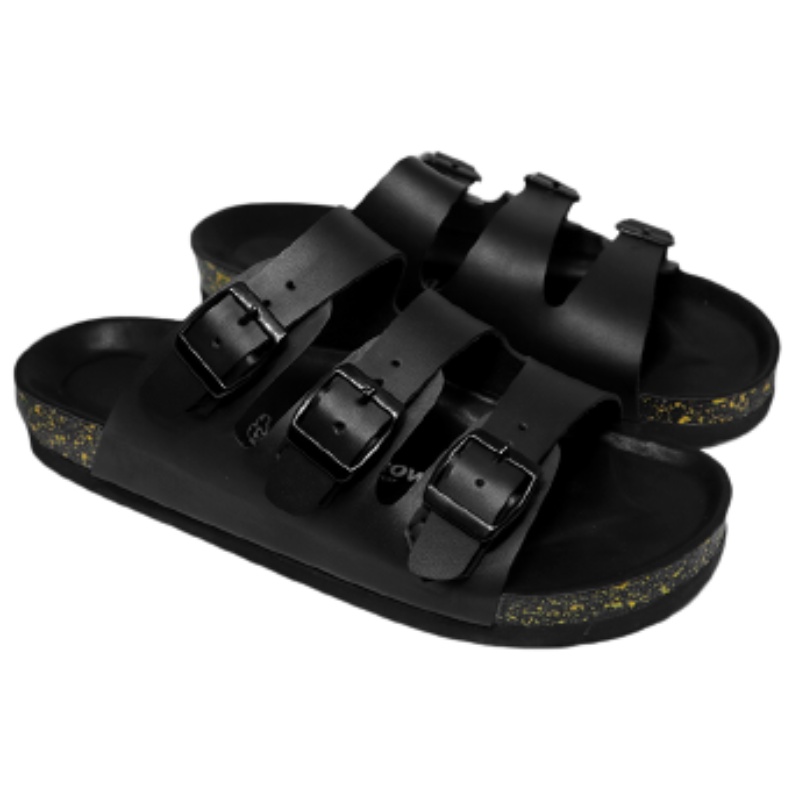Sandal Slide Pria Anti Slip Gesper Kulit Sintetis Sol Phylon Webbing Hitam Unisex