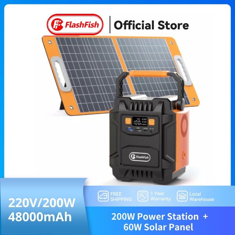 Flashfish Portable Solar Generator 200W Power Station with 60W Foldable Solar Panel Camping Powerbank Generator Listrik Mini