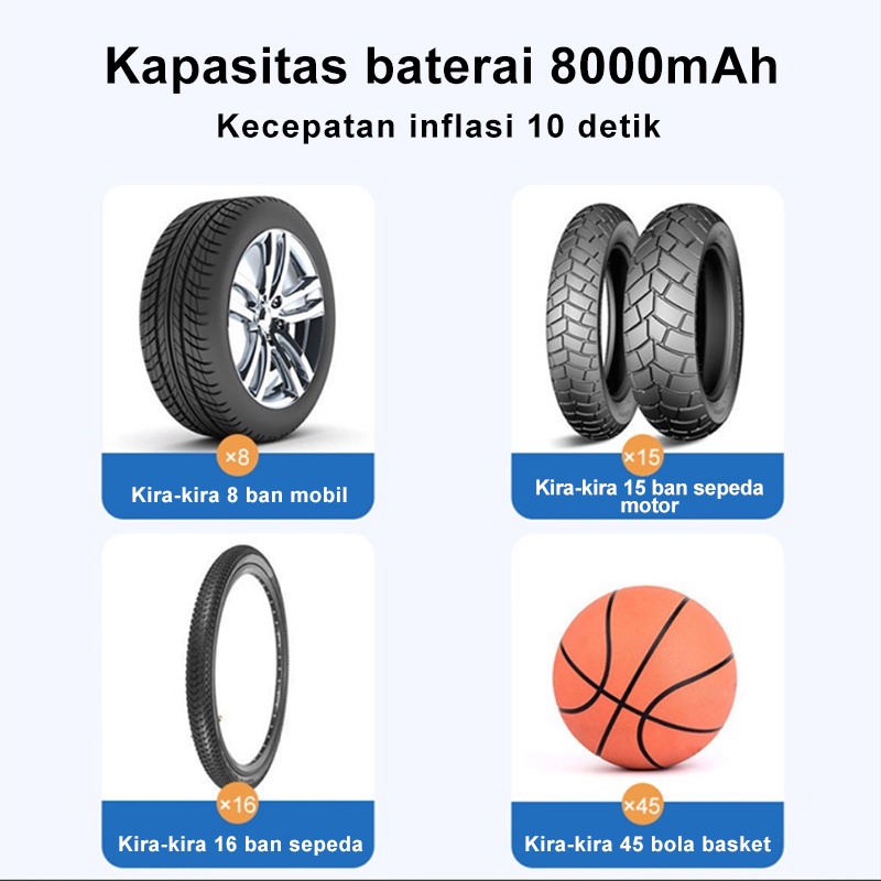 Amazefan 8000mAh pompa angin mobil inflator pompa ban mobil elektrik pompa mobil portabel Car Air Pump ban motor aksesoris pompa ban listrik tire inflator perkakas sepeda elektrik tire pressure monitoring alat Dapat mengisi daya ponsel perangkat lainnya