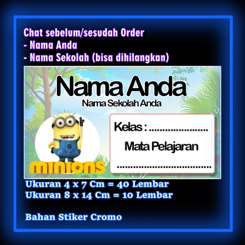 

Stiker Label Buku Minion Minions kuning kartun lucu Karakter Lucu Custom Lebel Nama cromo murah 20 Varian berbeda Sticker Pelajaran Mapel buku anak sekolah Vol 13