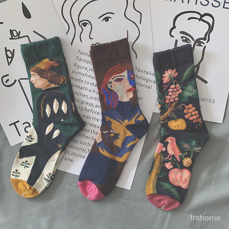 Kaus kaki pasang gaya retro lukisan minyak gaya perguruan tinggi kaus kaki pria kreatif berwarna-war