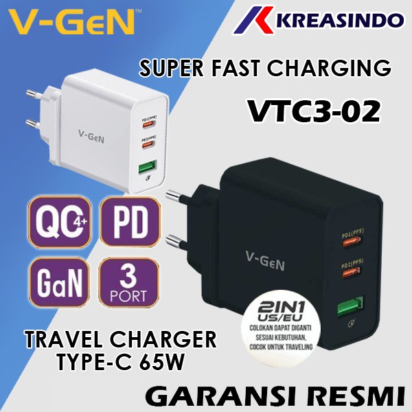 VGEN V-GeN VTC3-02 Adapter Charge Fast Charging 2 PD QC4.0 Type C 65W