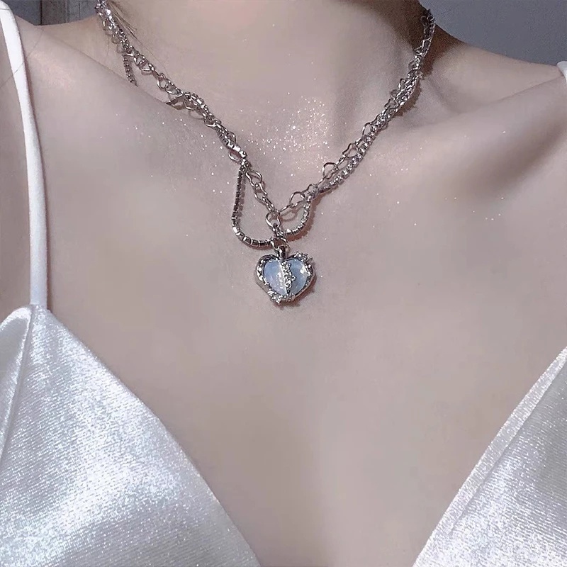 Kalung Rantai Choker Liontin Hati Sayap Malaikat Hias Kristal Mutiara Warna Pink Biru Untuk Wanita