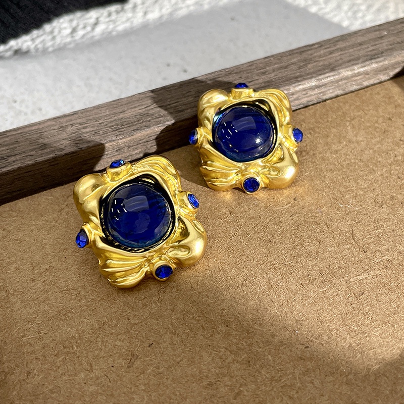 Anting Tusuk Bentuk Kotak Kaca Warna Biru Gaya Retro Untuk Wanita