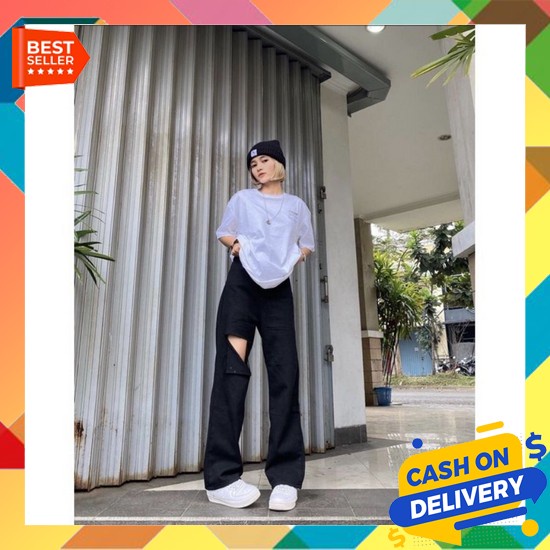 Celana Jeans Wanita Lexy Jeans 7/9 Jumbo Melar Murah Korean High Waist Kolot Jeans Sobek /Kulot Ripp