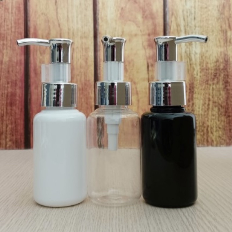 BOTOL 60ML PUMP CLIP OIL SILVER LUXURY 60 ML TUBULAR HITAM PUTIH NATURAL BENING WHITE BLACK CLIP PUMP OIL