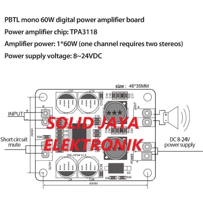 power class d mono tpa3118 1x60w digital amplifier 60w klas pbtl 12v w20