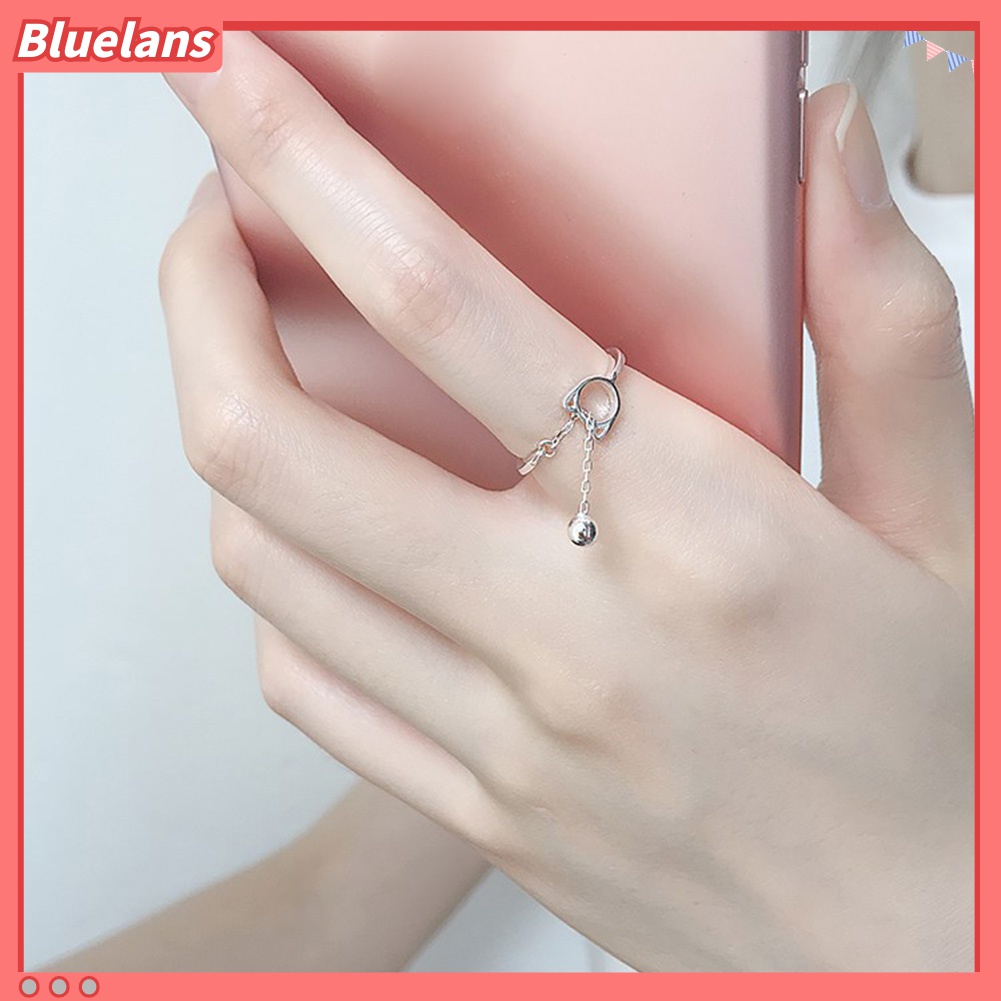Bluelans Cincin Model Terbuka Desain Hewan Kucing Hollow Dengan Rantai Lonceng Untuk Wanita