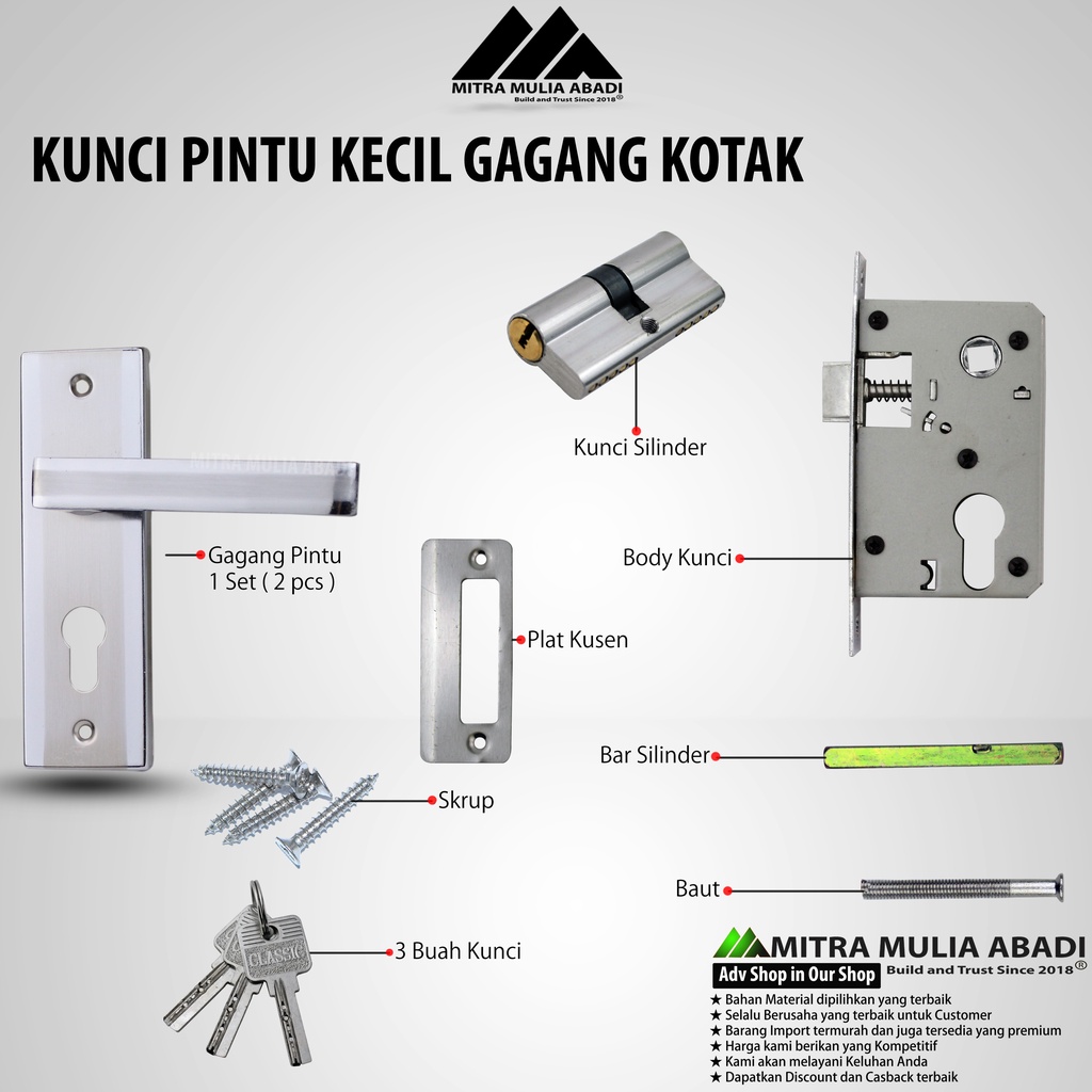 Kunci Pintu Rumah Gagang Kotak Kecil 15cm Napoli SILVER fullset