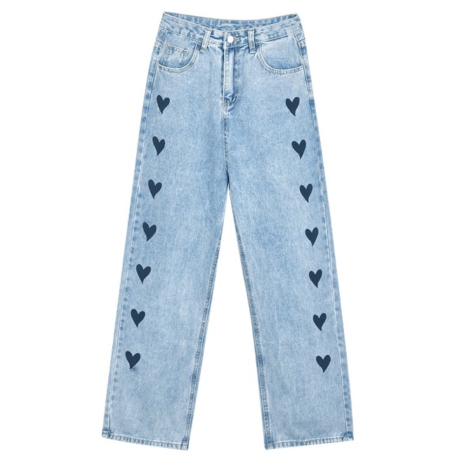 Biru Highwaist Lurus Jeans Wanita Love Print