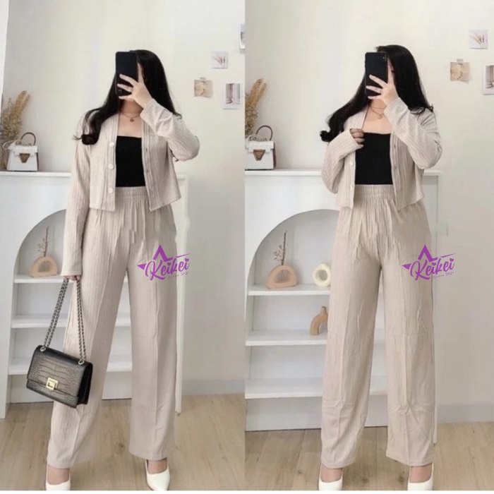 Set Casey Premium Knit (Cardi+Pants) / Setelan Baju Wanita Kekinian Crop dan Celana Kulot Premium