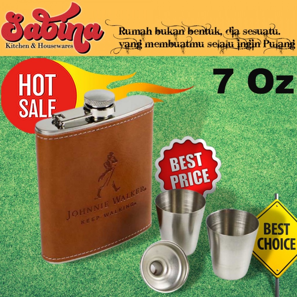 Botol Minum Set Stainless Flask Leather 7 Oz Dengan Sloki Dan Corong