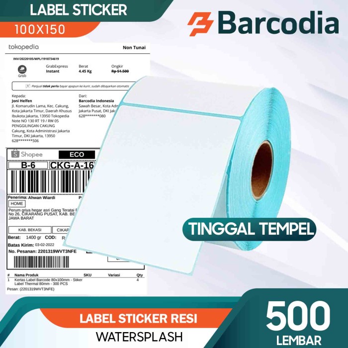

Kertas Thermal Direct Thermal Sticker Label Resi 100X150 Mm 500Pcs Cf