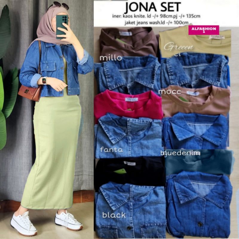 jona set. setelan gamis bahan kaos knit mix jacket bahan denim
