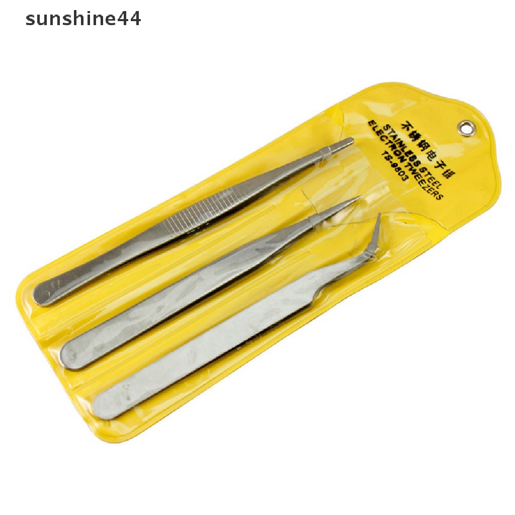 Sunshine 3Pcs Pinset Presisi Bahan Stainless Steel Untuk Reparasi Elektronik