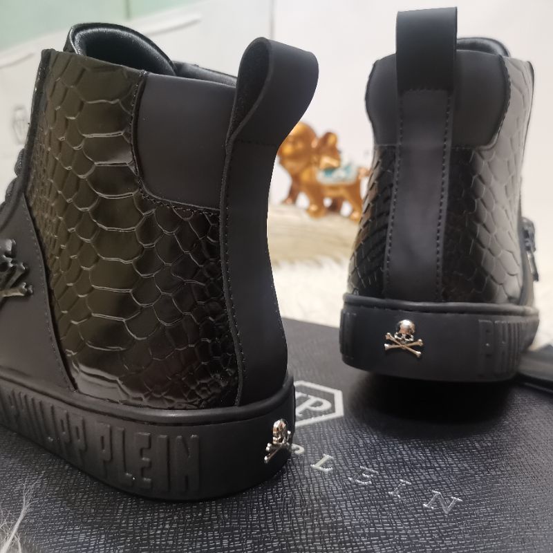 sepatu boots philipp plein cowok sneaker pria high top branded mirror men shoes hitam vip P1SHOES