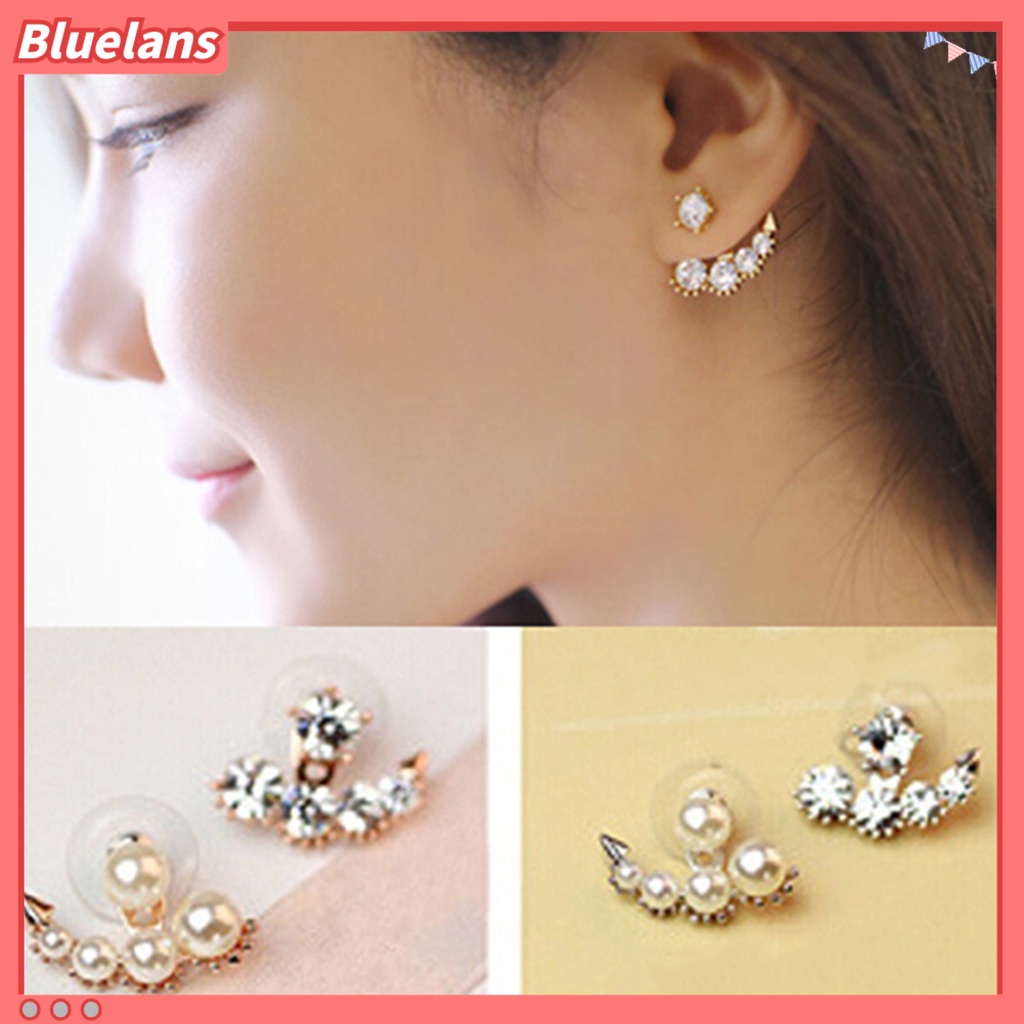 Bluelans Ear Stud Asymmetric Fashion Faux Pearl Ear Studs with Rhinestone for Women