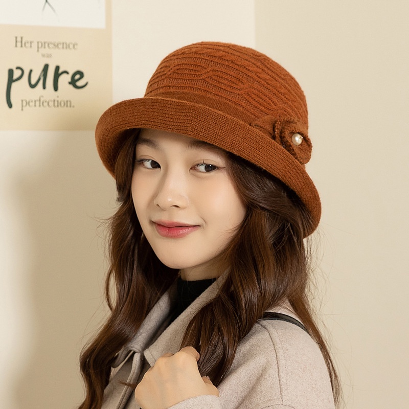 Topi Kuplukbeanie Bahan Wolbulu mink Aksen Bunga Gaya Musim Gugurdingin Untuk Wanita