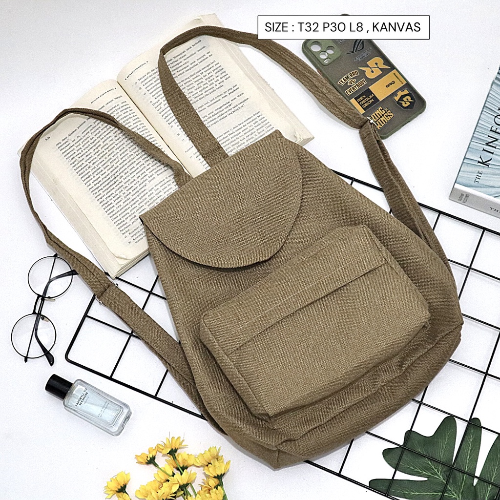 Bayar di Tempat COD Tas Ransel Serut Bahan Kanvas KANTONG Depan Ukuran Medium tas punggung wanita-Warna 674