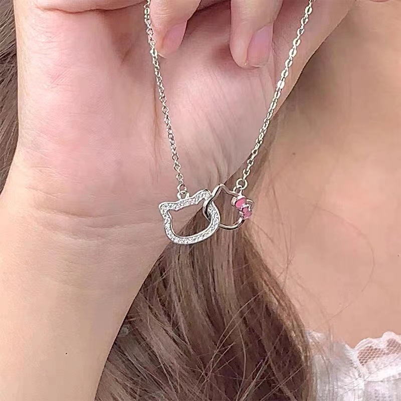Mhang Kalung Rantai Liontin Hello Kitty Hias Berlian Imitasi Warna Pink Gaya Korea Untuk Wanita