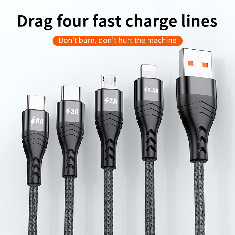 4in1 Kabel Data / Charger Micro USB Tipe-C 6A 66W Fast Charging Untuk Iphone / Android