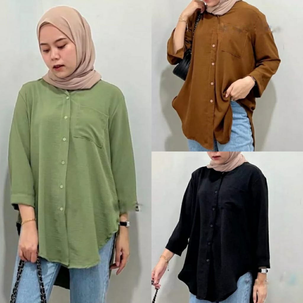 Ansyania Blouse Basic Model Pinguin Crinkle Premium Full Kancing Baju Atasan Kemeja Wanita Kekinian Terbaru