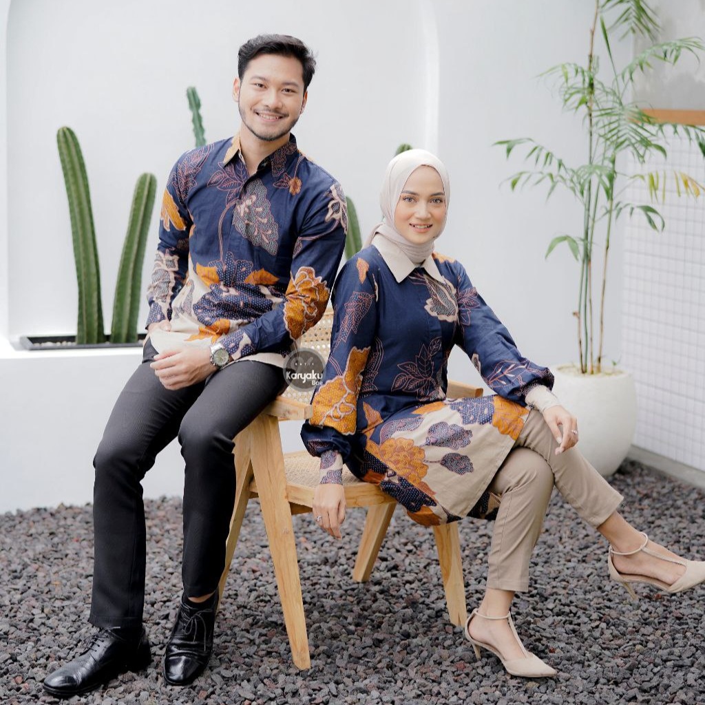 BATIK COUPLE MODERN MOTIF MAWAR NAVI KEMEJA &amp; TUNIK BATIK ATASAN BATIK WANITA BATIK PRIA