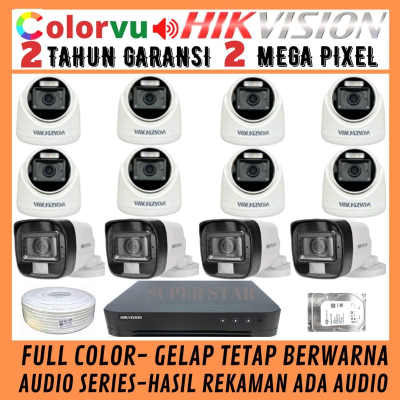 PAKET CCTV COLORVU HIKVISION 16 CHANNEL 12 KAMERA 2MP AUDIO FULL COLOR