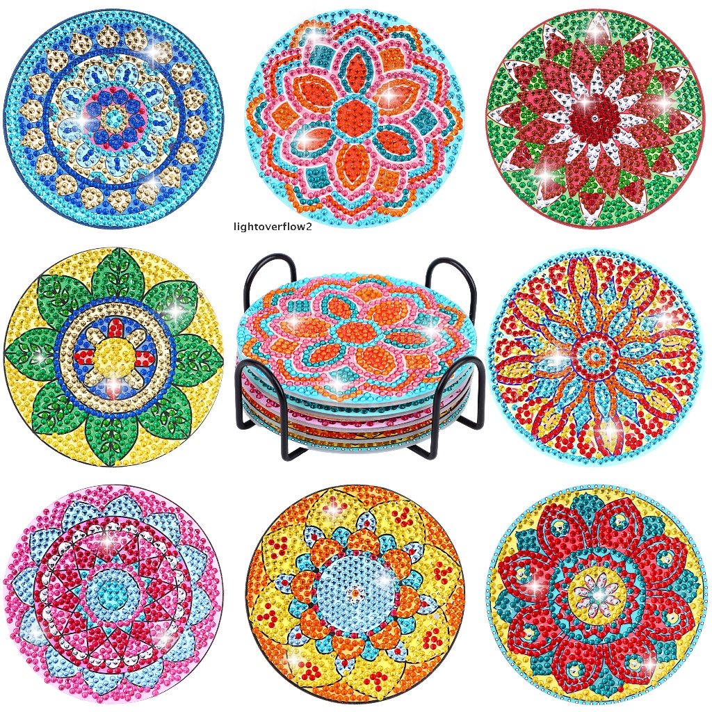 (lightoverflow2) 8 Pcs Coaster / Tatakan Gelas Motif Mandala Aksen Berlian Untuk Dekorasi DIY