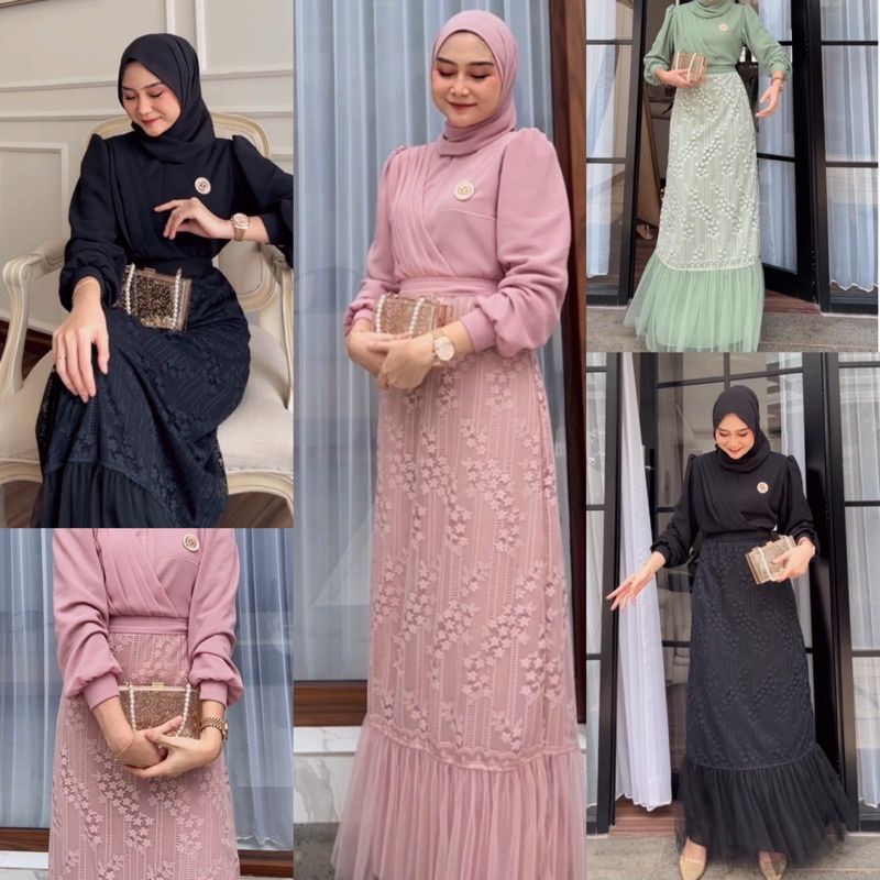 FIYA DRESS BRUKAT KOMBINASI TULLE POLOS